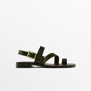 Massimo Dutti Olive Green Leather Strappy Flat Sandals with Gold Buckle